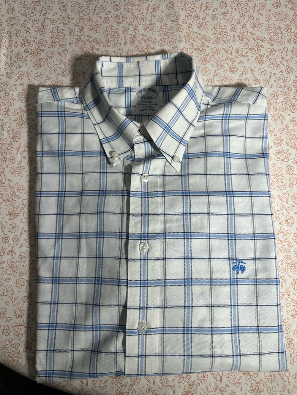 Brooks Brothers White and Light Blue Plaid Regent the original Polo Shirt Large